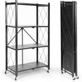 4-Tier Foldable Shelf, Black-Strong and Durable Multipurpose Folding Shelves for Storage with Locking Wheels-Easy to Assemble, Clean, Fold