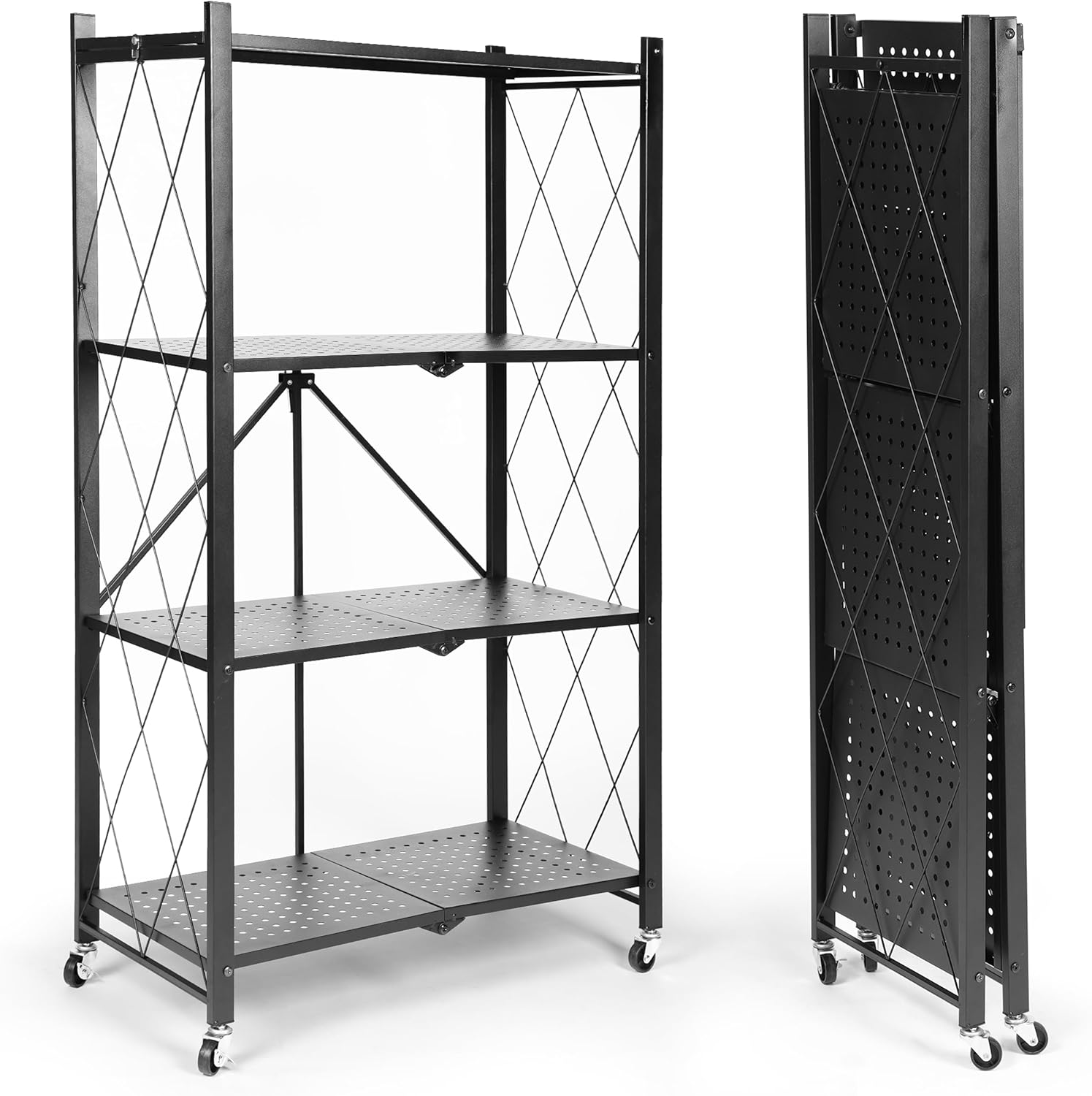 4-Tier Foldable Shelf, Black-Strong and Durable Multipurpose Folding Shelves for Storage with Locking Wheels-Easy to Assemble, Clean, Fold