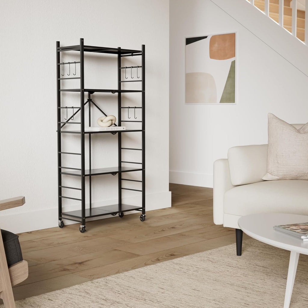 Storage Shelves with 20 Hooks, 5-Tier Collapsible Organization Storage Rack Bookshelf Folding Pantry Shelves Cube Shelf Wire Shelving Holds 440 Ibs for Garage Kitchen Room, Black