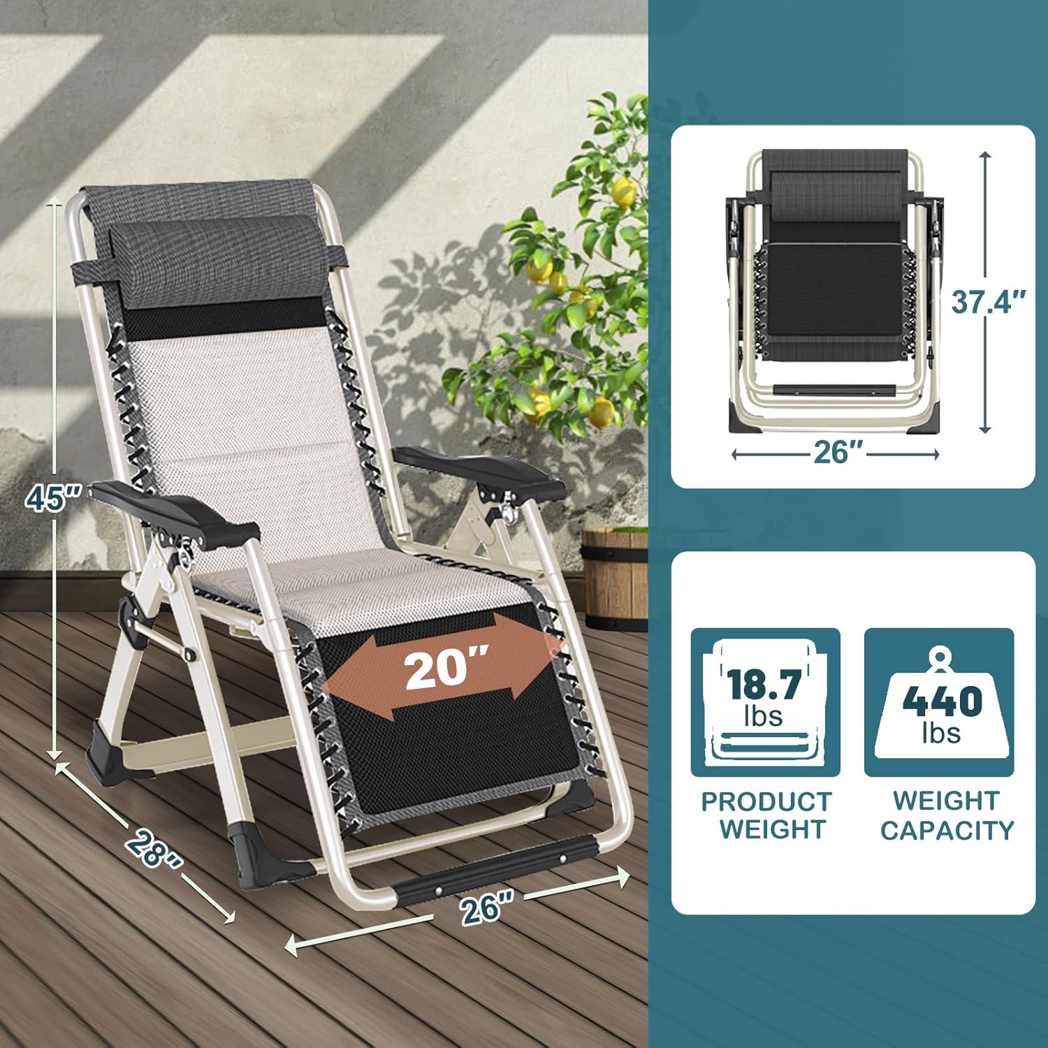 Padded Zero Gravity Chair, Folding Outdoor Lounge Chairs, Adjustable Reclining Camping Chairs with Cup Holder, Ergonomic Patio Lawn Chair for Balcony Beach Deck Yard
