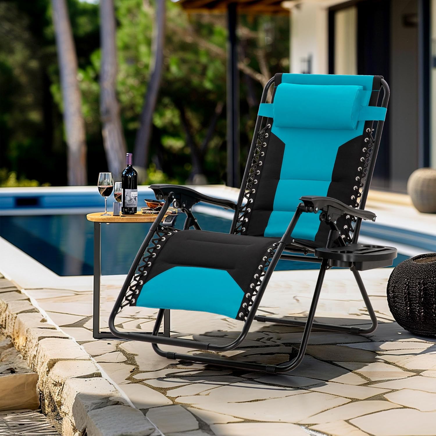 Padded Zero Gravity Chair Set of 2, Folding Patio Lounge Recliner with Adjustable Pillows & Cup Holder for Poolside Backyard, Support 400lbs(Pacific Blue)