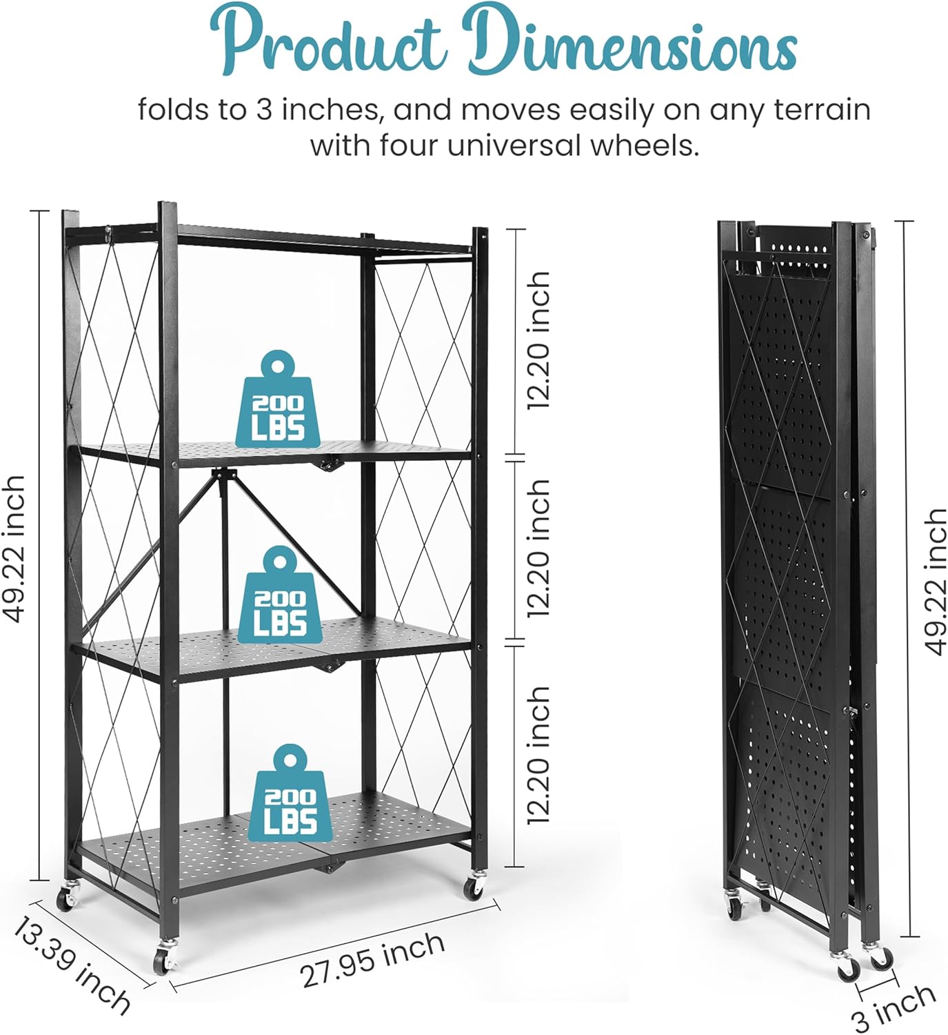 4-Tier Foldable Shelf, Black-Strong and Durable Multipurpose Folding Shelves for Storage with Locking Wheels-Easy to Assemble, Clean, Fold