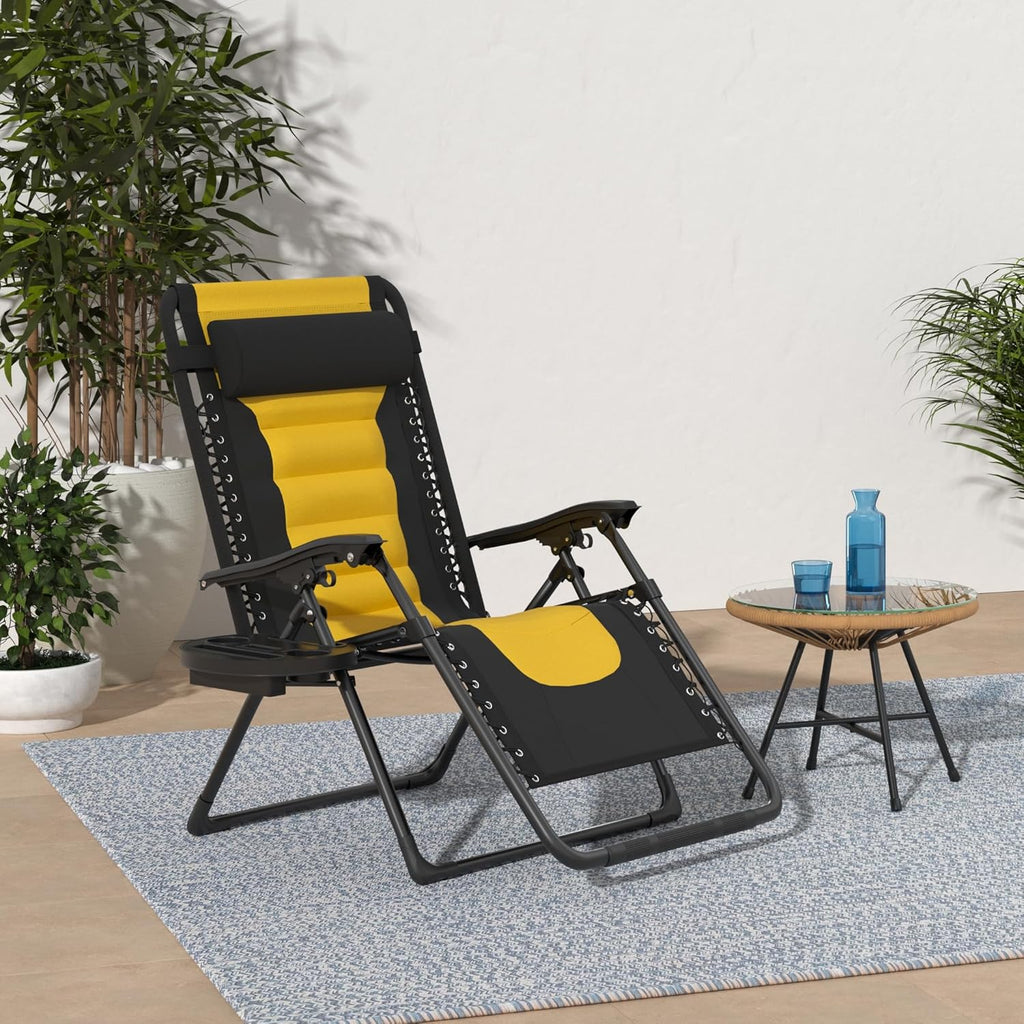 Oversized Padded Zero Gravity Chair, Folding Outdoor Patio Recliner, XL Anti Gravity Lounger for Backyard w/Headrest, Cup Holder, Side Tray, Polyester Mesh - Black/Yellow