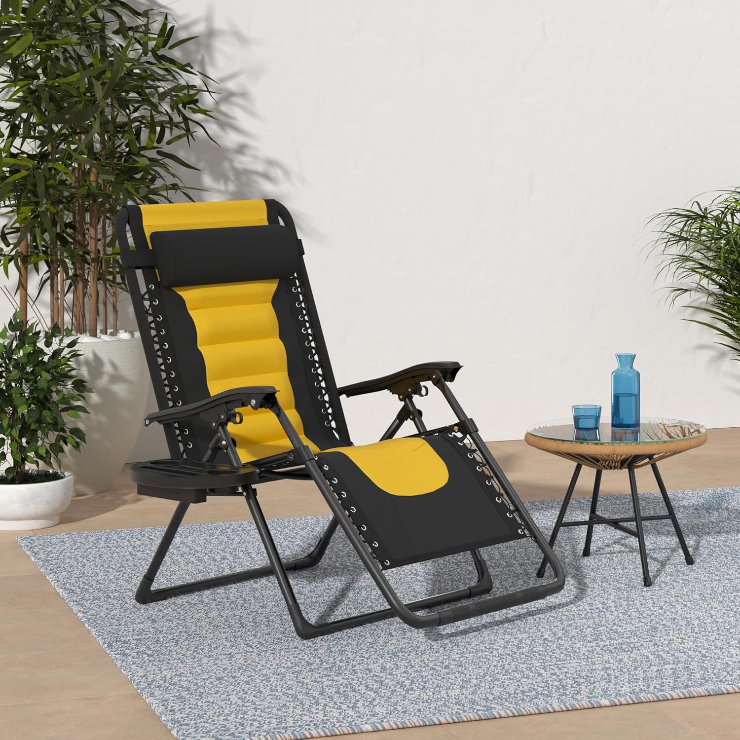 Oversized Padded Zero Gravity Chair, Folding Outdoor Patio Recliner, XL Anti Gravity Lounger for Backyard w/Headrest, Cup Holder, Side Tray, Polyester Mesh - Black/Yellow