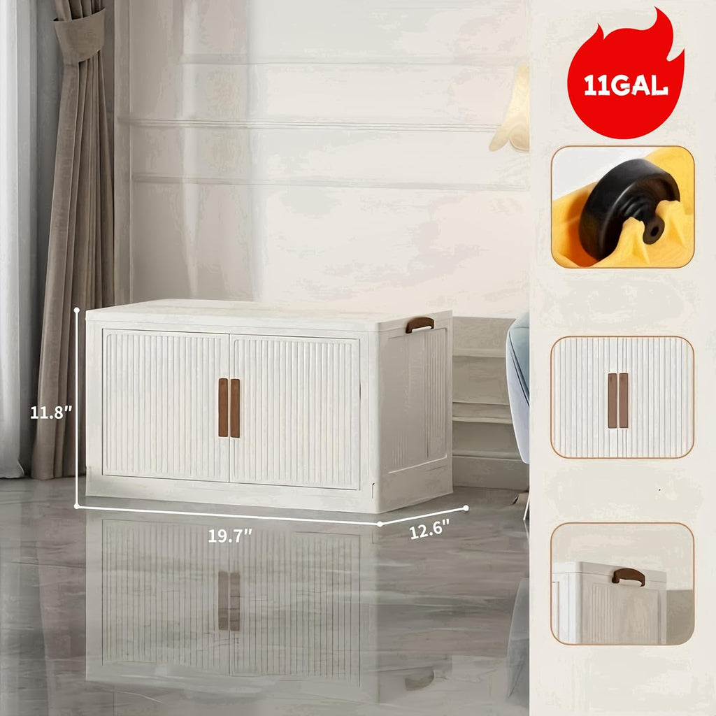 Stackable Storage Bins with Lid 11Gal/44QT Plastic Collapsible Storage Cabinet 1 Tier Foldable clothes Organizers and Storage bins with Wheels and Doors for Home Office White