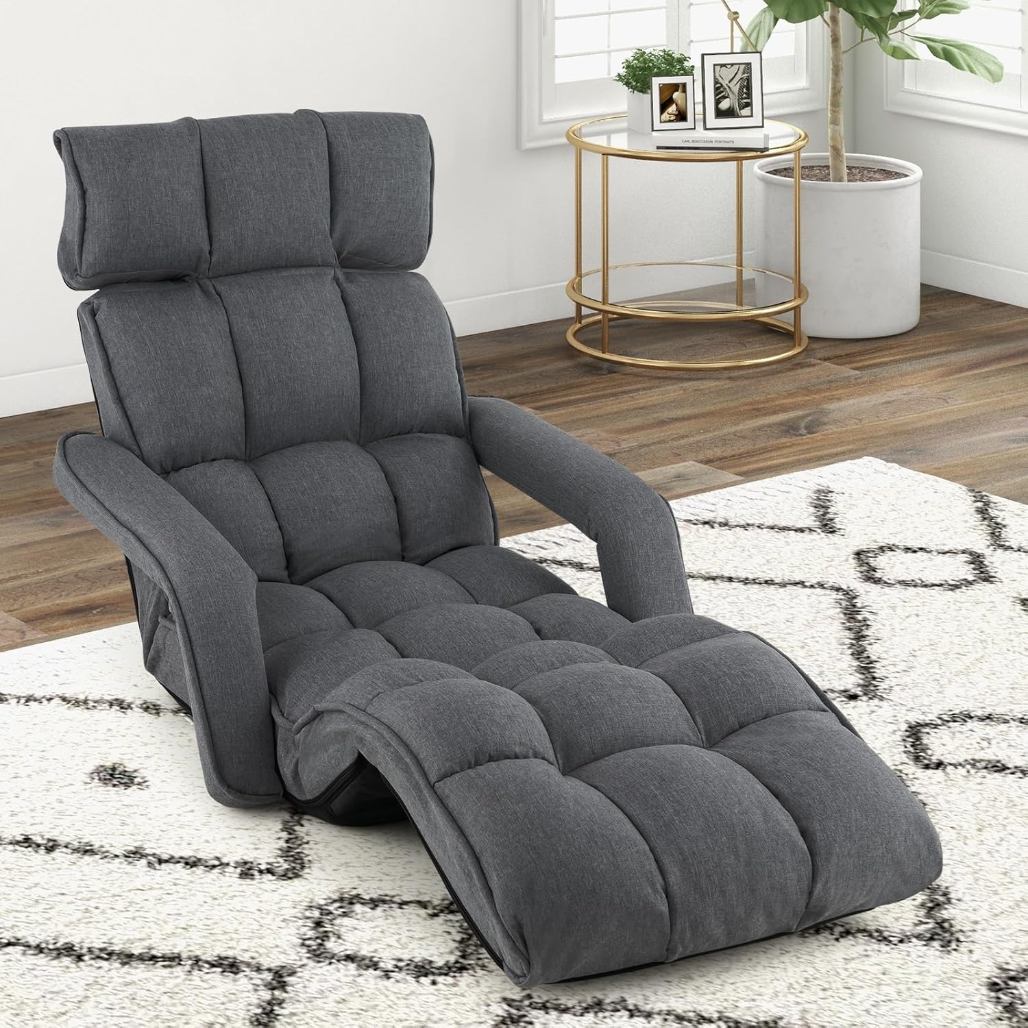 Foldable Floor Lazy Sofa, Indoor Chaise Lounge Sofa with 6 Adjustable Positions, Folding Chair Bed with Adjustable Armrests, Backrest & Footrest, Ideal for Living Room, Bedroom (Dark Grey)