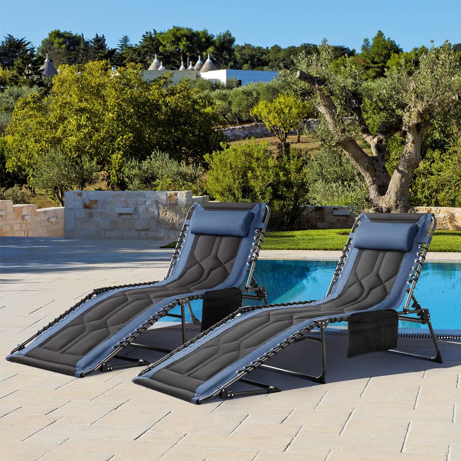 Folding Chaise Lounge Outdoor Portable Lounge Chairs 4-Position Adjustable Camping Lounge Chair with Pillow & Side Bag Lightweight Recliner Sunbathing Chair for Pool Beach Deck (Blue)