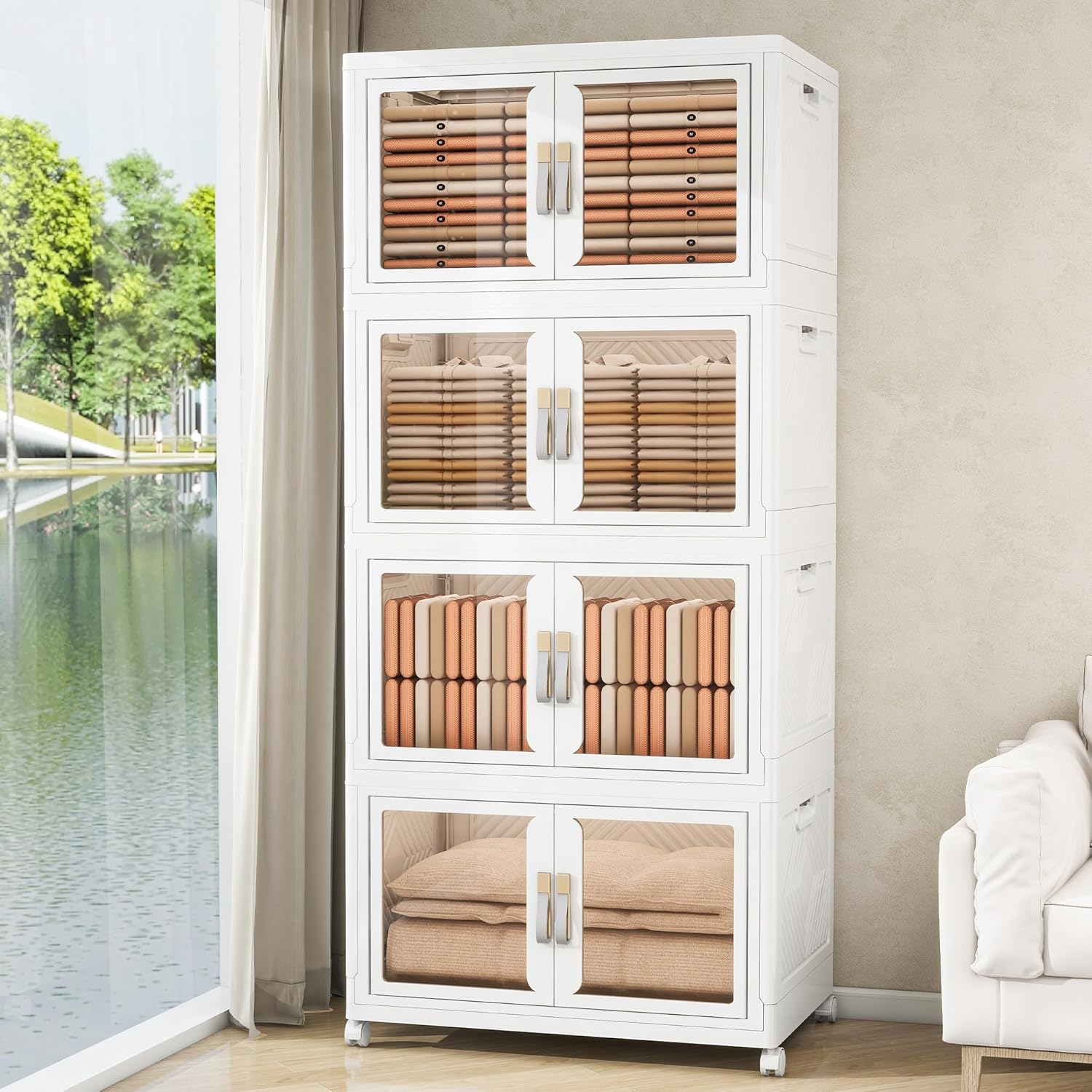 Large Stackable Storage Bins with Lids,Tier Foldable Cabinet for Closet Organizers, Plastic Storage Containers Box with Wheels