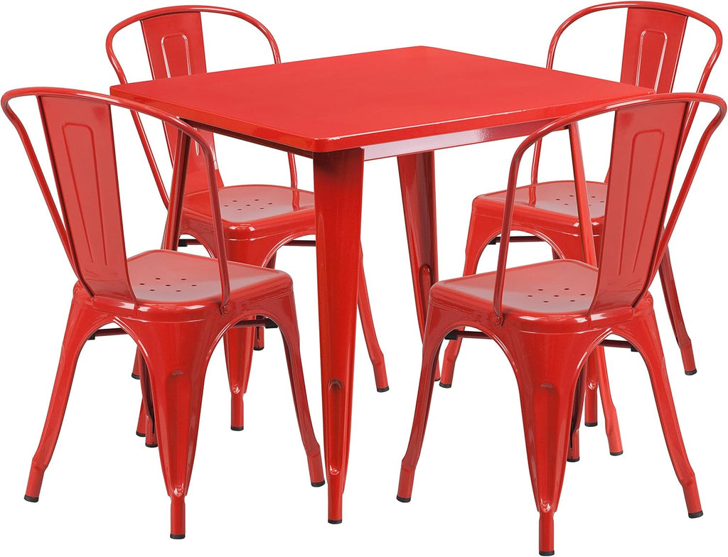 Commercial Grade 31.5" Square Red Metal Indoor-Outdoor Table Set-4 Stack Chairs