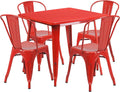 Commercial Grade 31.5" Square Red Metal Indoor-Outdoor Table Set-4 Stack Chairs
