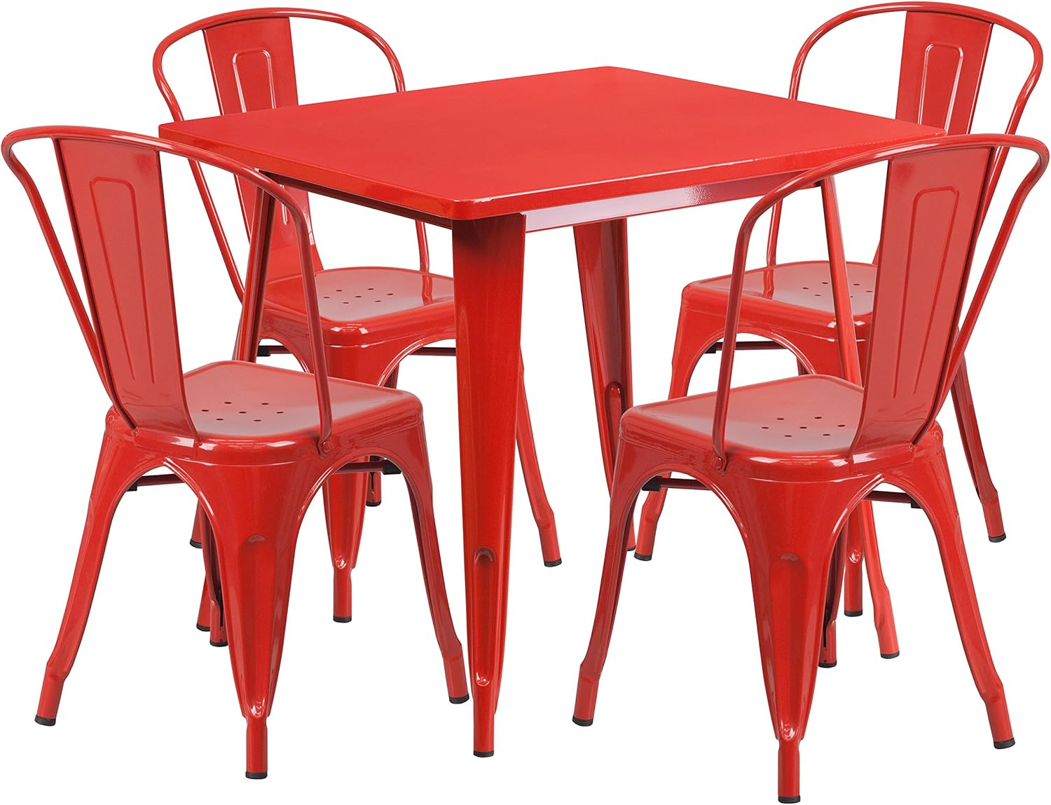 Commercial Grade 31.5" Square Red Metal Indoor-Outdoor Table Set-4 Stack Chairs