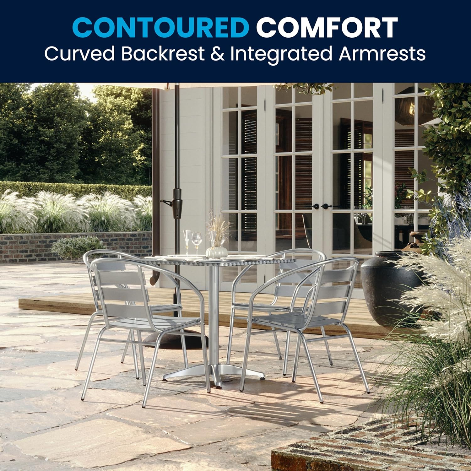 Aluminum 5-Piece Patio Dining Set with Square Table and 4 Slat Back Chairs, Indoor/Outdoor Bistro Table and Chairs Set, Silver